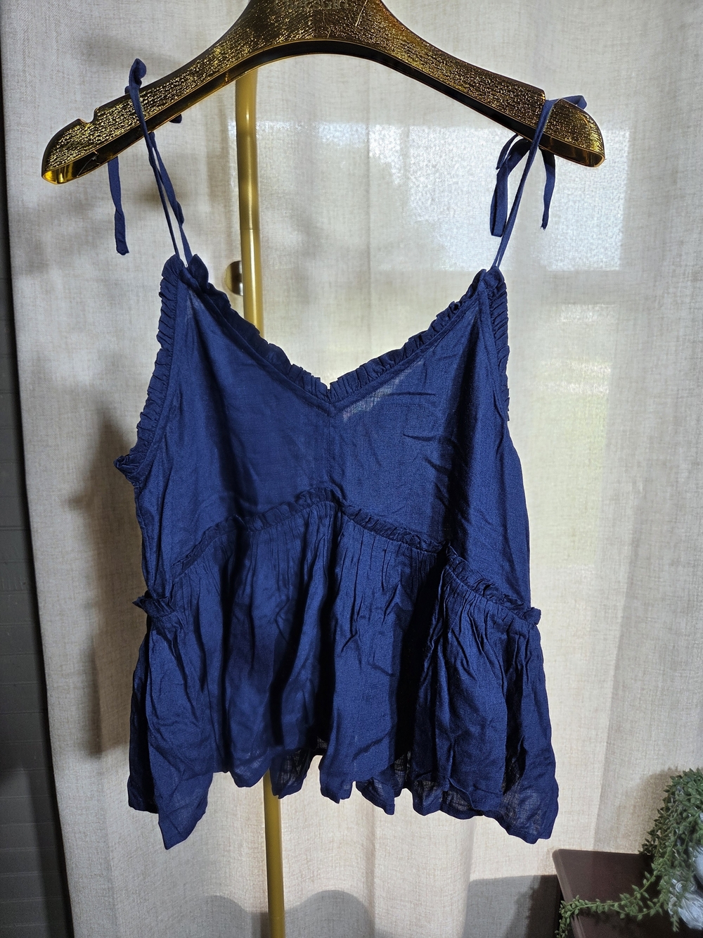 Patrons of Peace Navy Blue Ruffled Tie-Shoulder Peplum Camisole